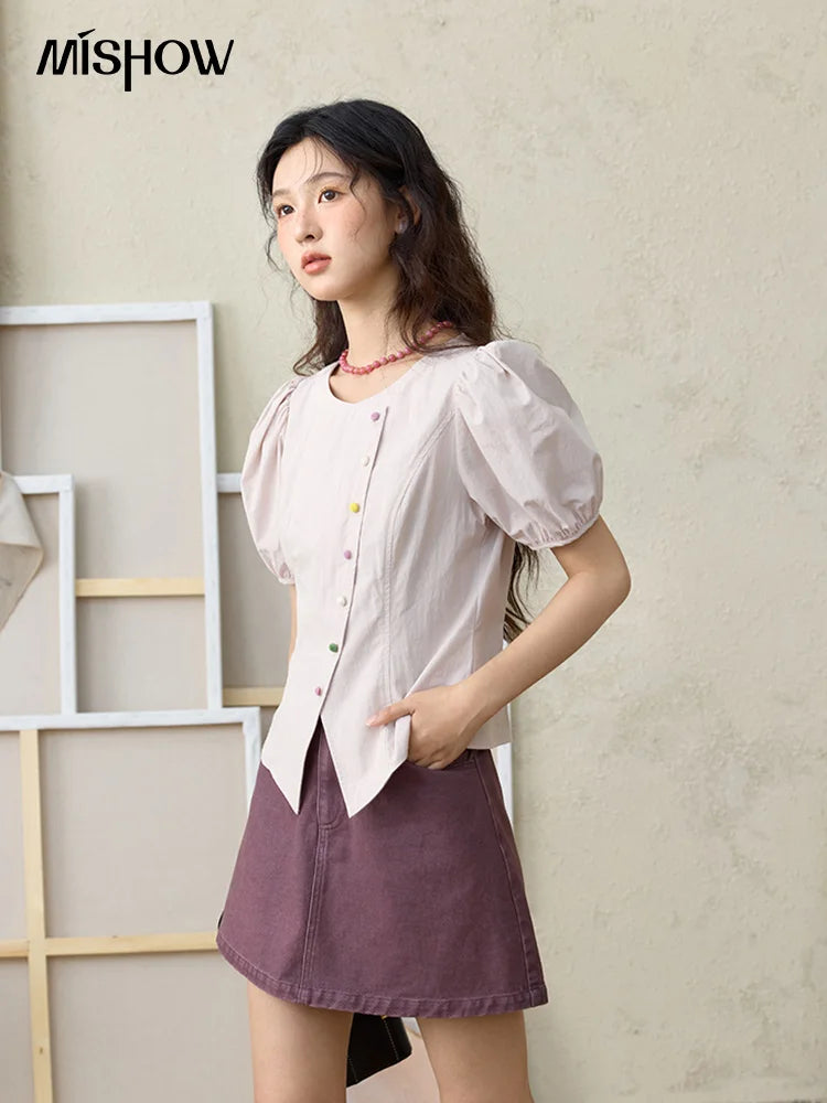 MISHOW Bubble Sleeve Blouse Irregular Placket Rainbow Buttons MXE34X1782