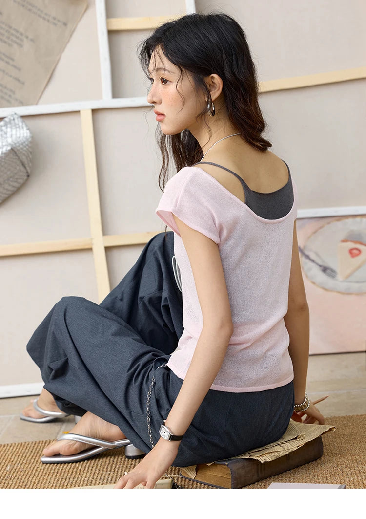 Mishow Linen Contrast Fake Two-Piece Knit Tee MXE36Z1277