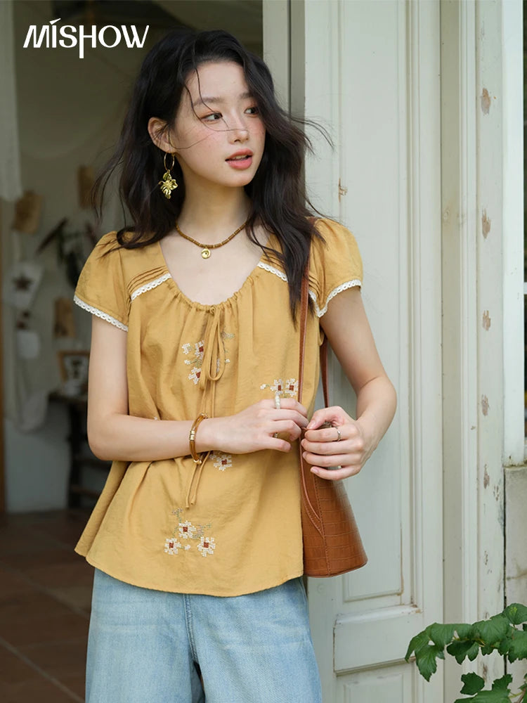 MISHOW Embroidery Flower Blouse O-Neck Lace Up Flying Sleeve MXE39X1880