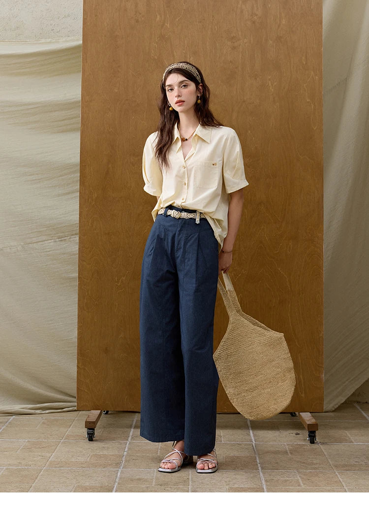 MISHOW French Turn-Down Collar Short Sleeve Solid Blouse MXE33C0778
