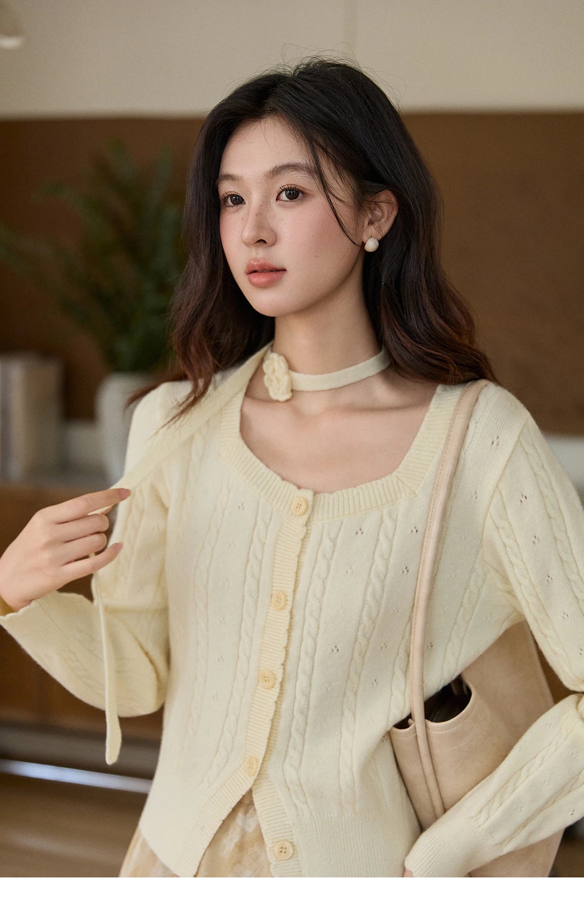 Mishow Beige Cable Knit Square Neck Cardigan MXF11Z2903