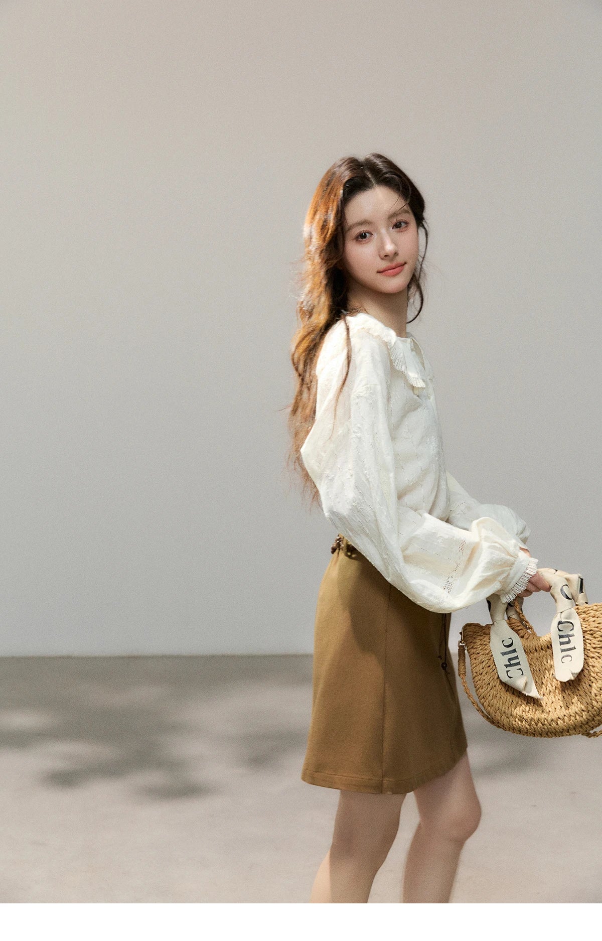 MISHOW Beige Lace Shirt Peter Pan Collar Micro Lantern Sleeve MXF108C0813