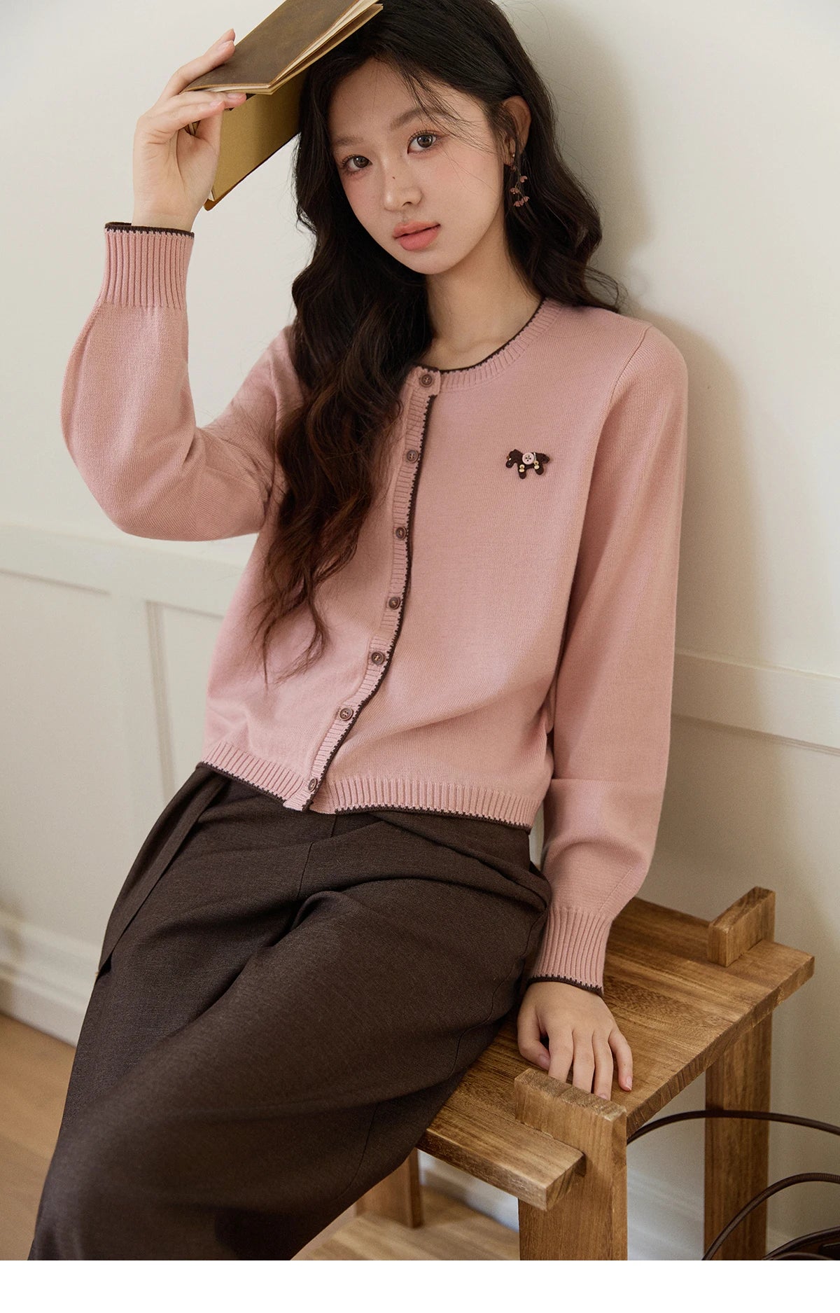 Mishow Pink Contrast Trim Pony Decoration Cardigan MXF108Z1023