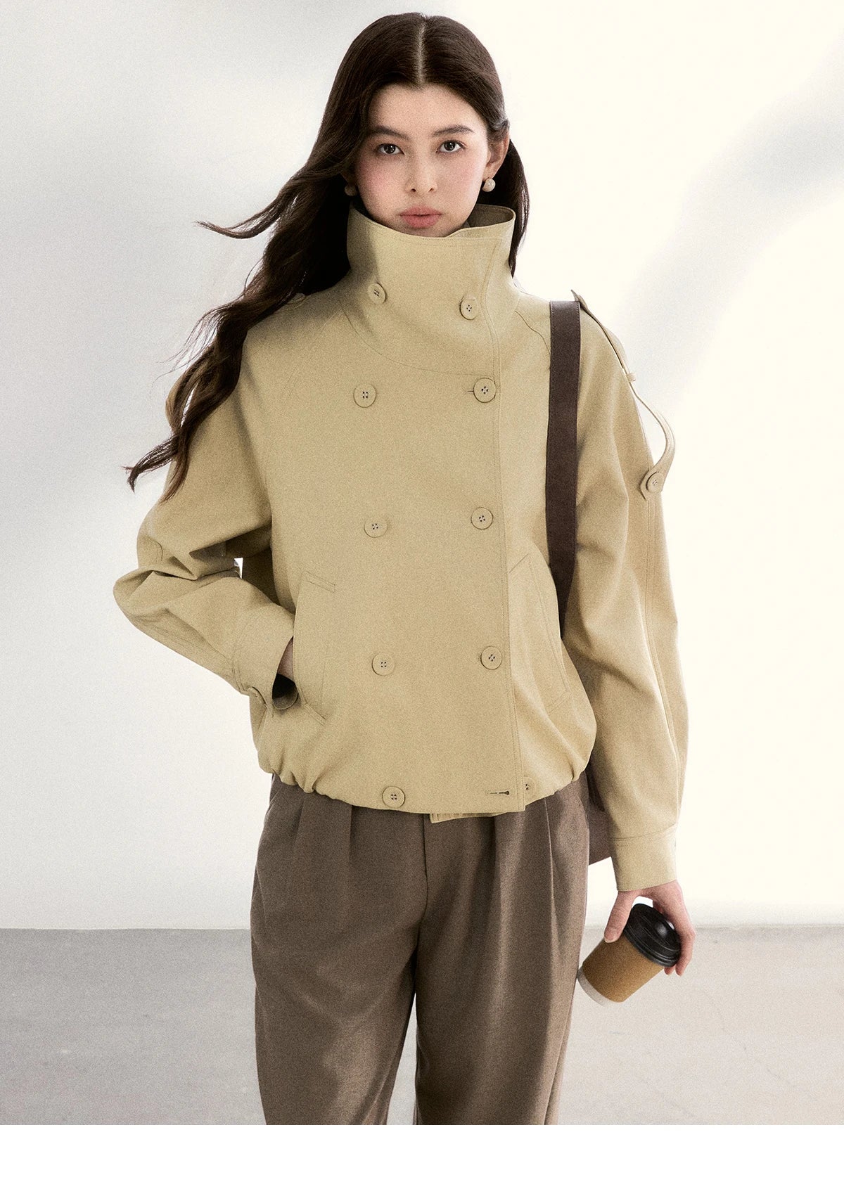 MISHOW Khaki Cropped Leather Jacket Lapel Stand Collar MXF108W1000