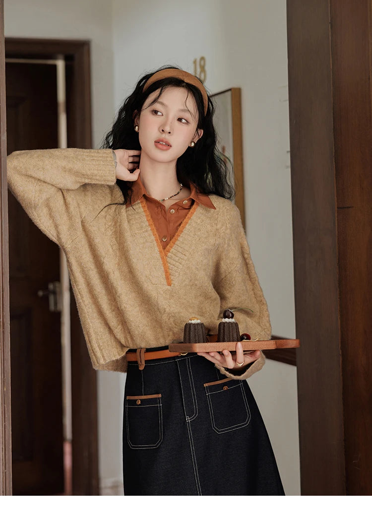Mishow Vintage False Two-Piece V-Neck Knit Top MXD42Z0695