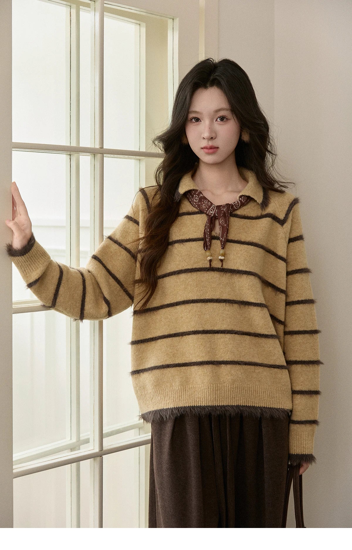 Mishow Faux Mink Fur Striped Lapel Tassel Sweater MXE93Z2945