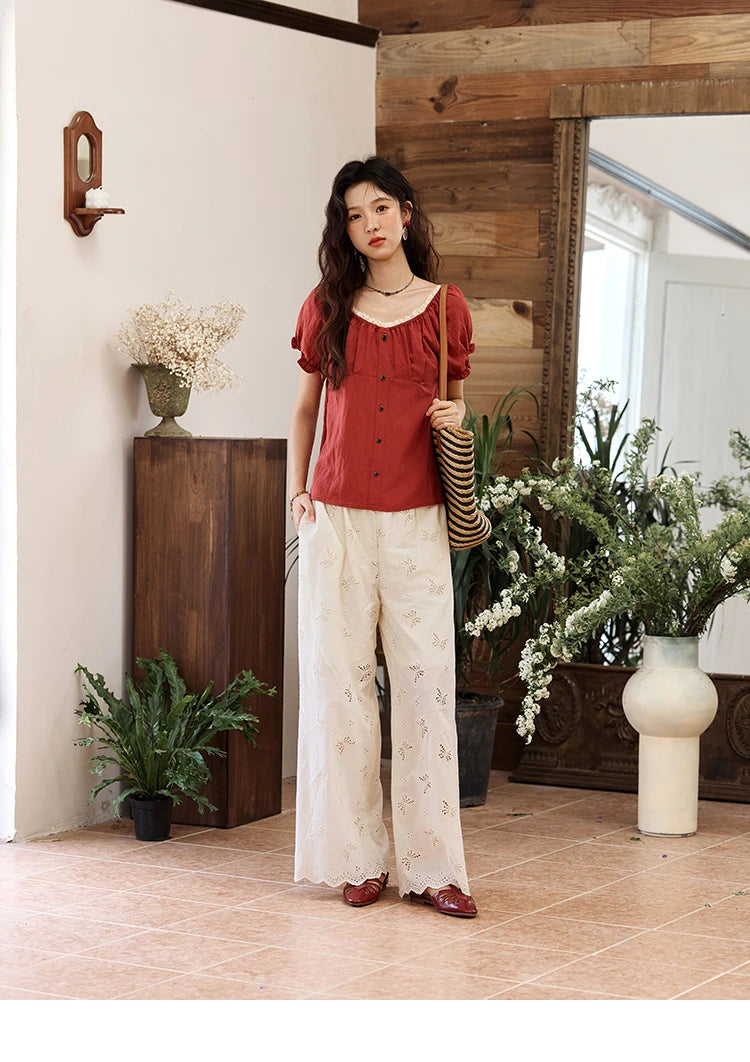MISHOW Short Puff Sleeve Blouse Lace Collar Slimming MXE35X1827