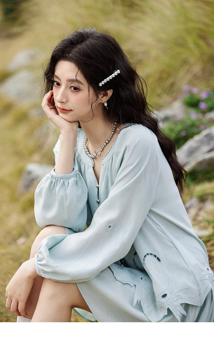 Mishow Vintage Hollow Embroidery Blouse & Solid A-Line Skirt Set MXE12T0455