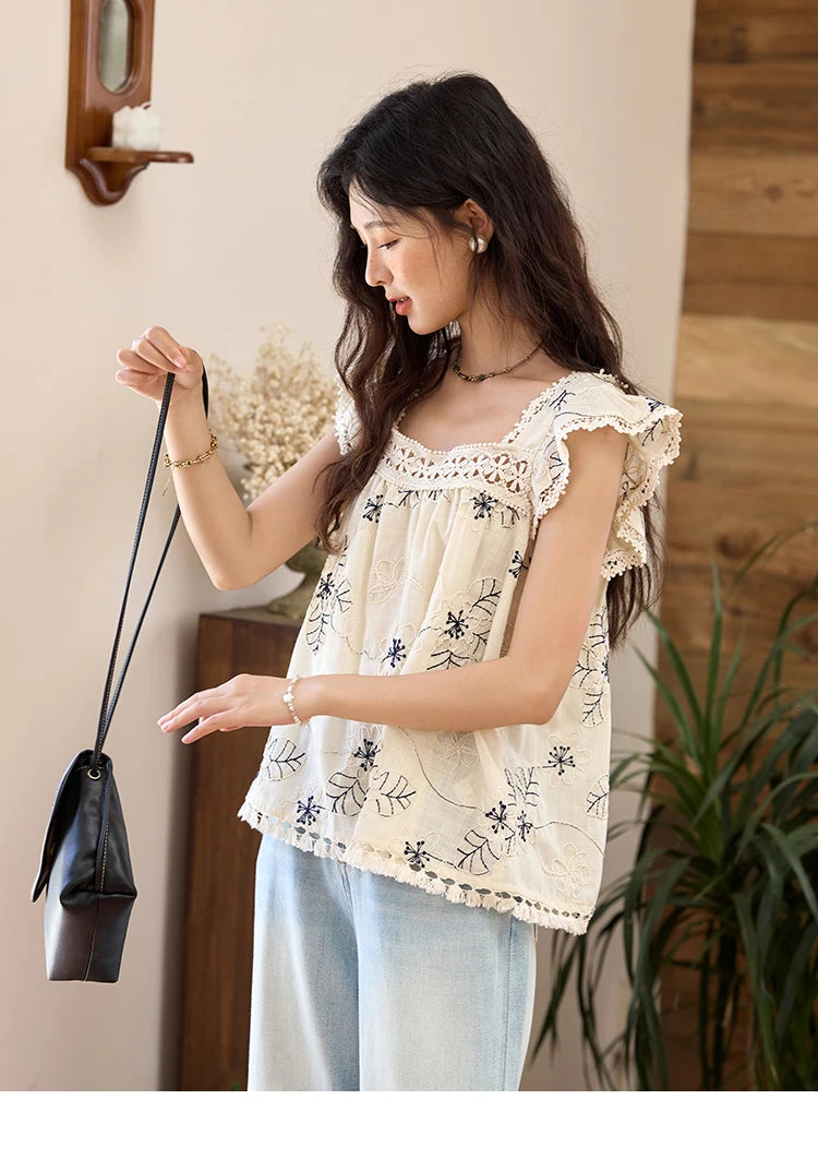 MISHOW Square Collar Embroidered Doll Blouse Flying Sleeve Lace Tassel MXE35X1839