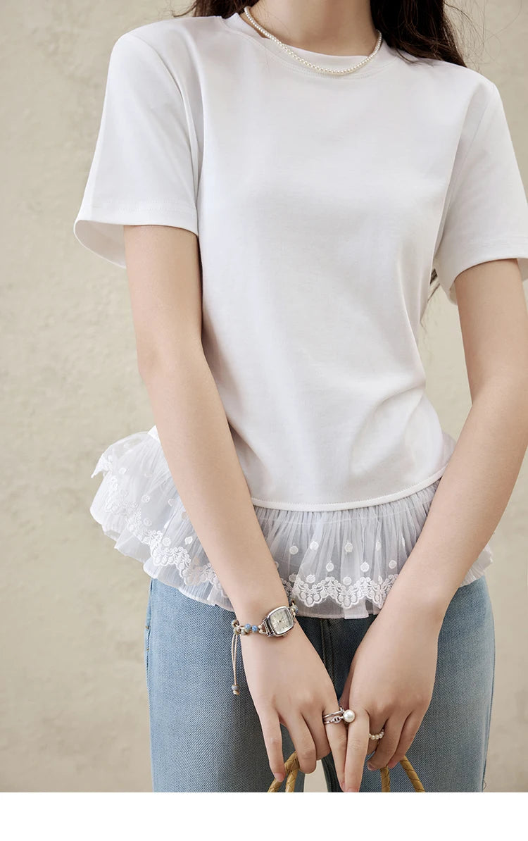 Mishow Lace Hem Splicing Round Neck Tee MXE31T0528