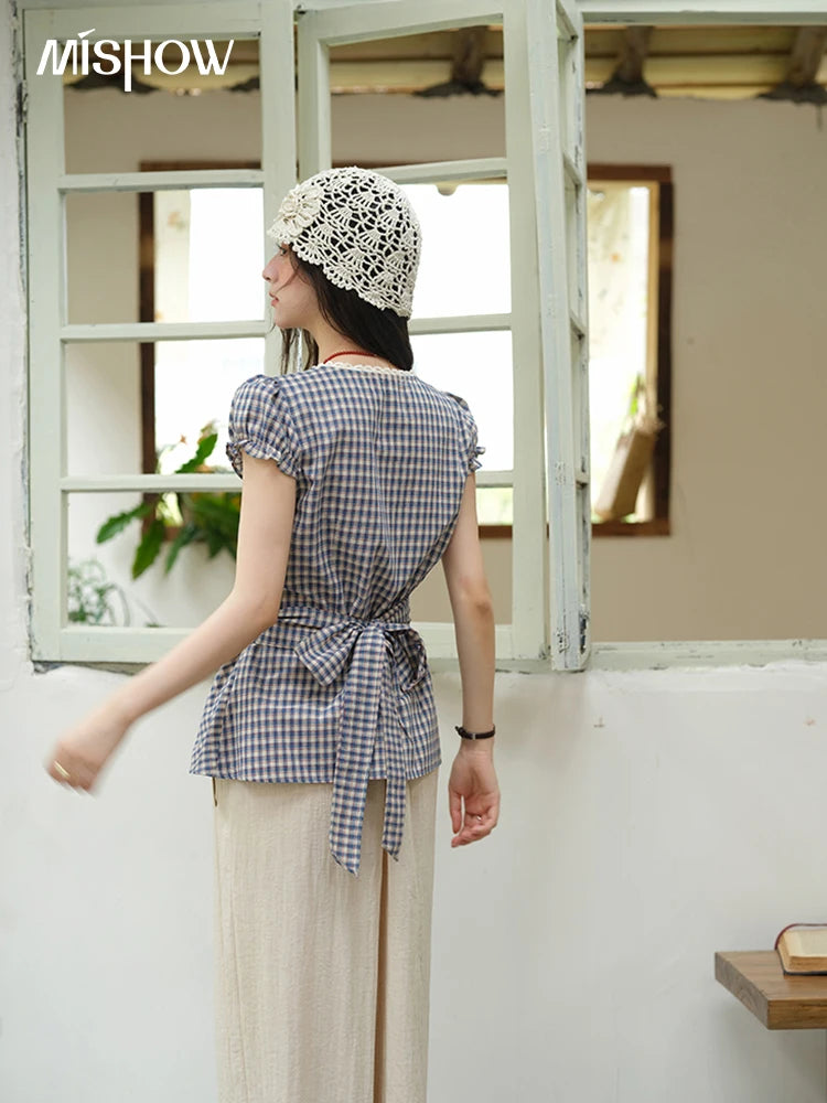 MISHOW Garment Sleeves Plaid Shirt Lace V-Neck Button Belt MXE36X1814