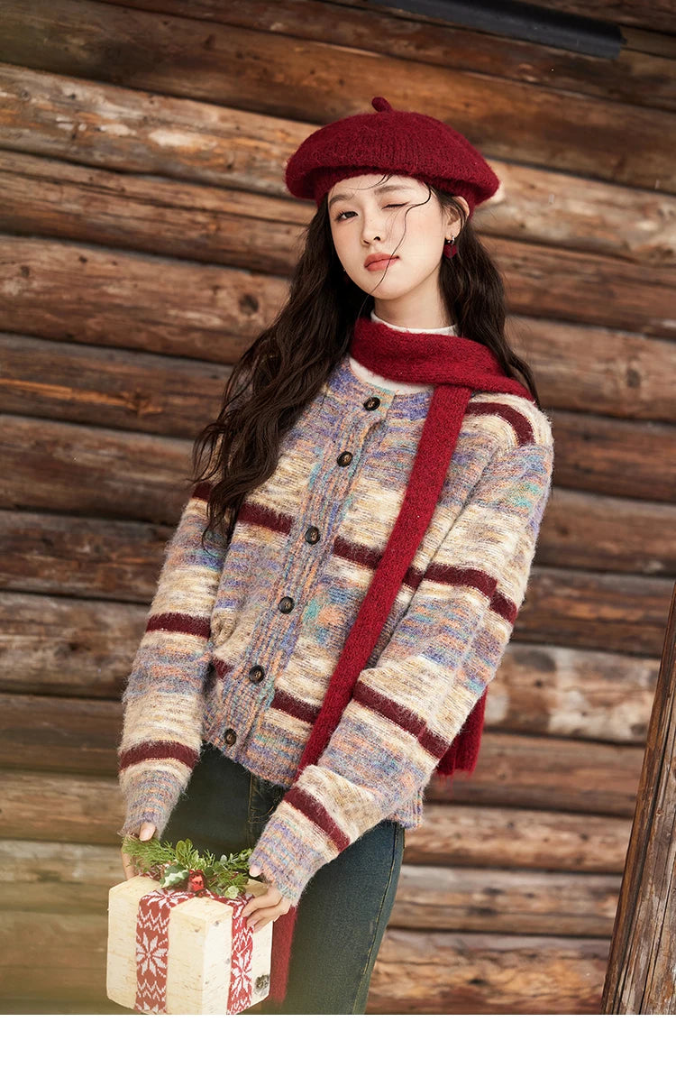 Mishow Striped Contrast Color O-Neck Cardigan MXD59Z1061