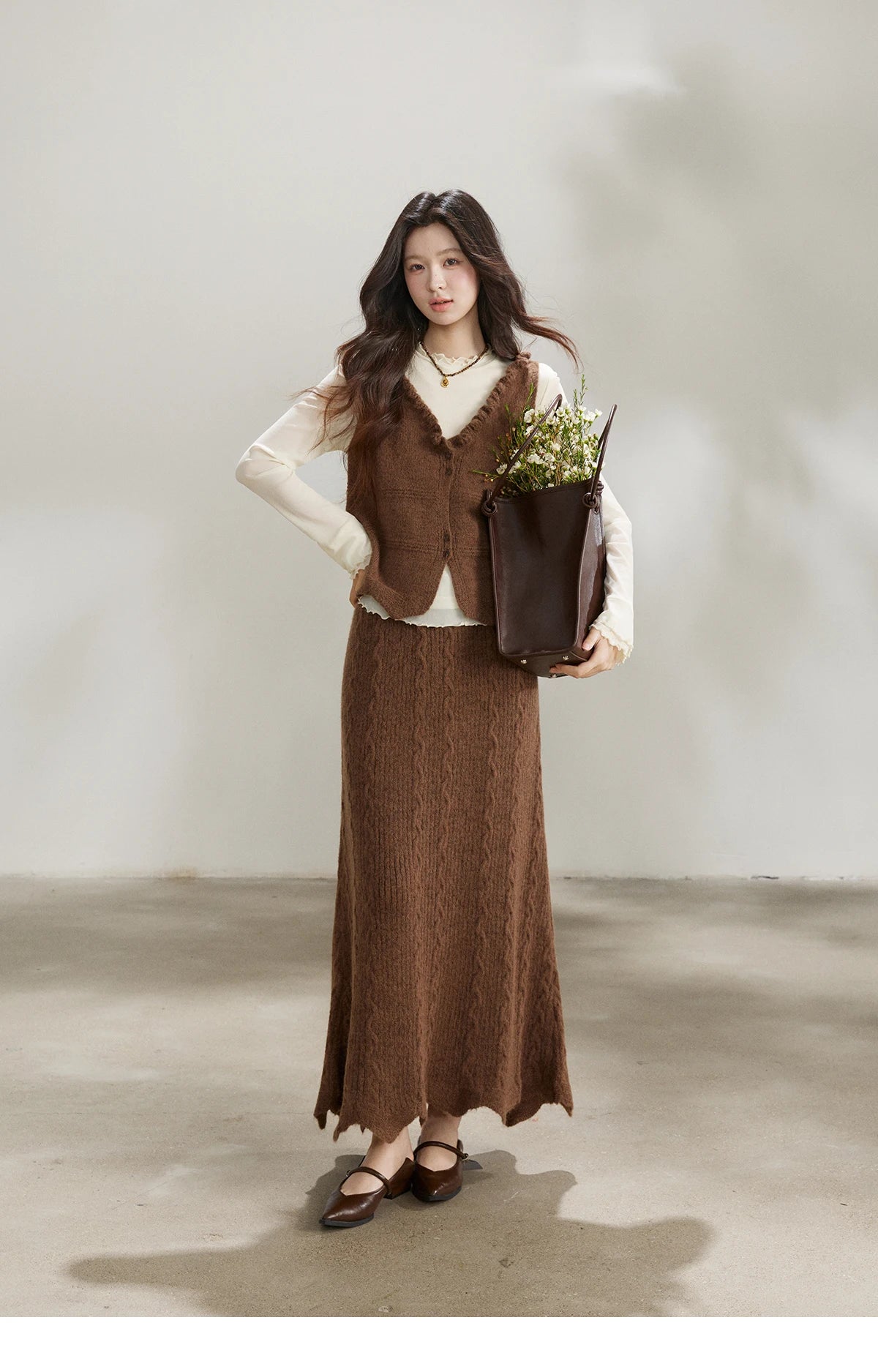 Mishow Brown Knitted Vest & Cable Knit Maxi Skirt Set MXF11T1460