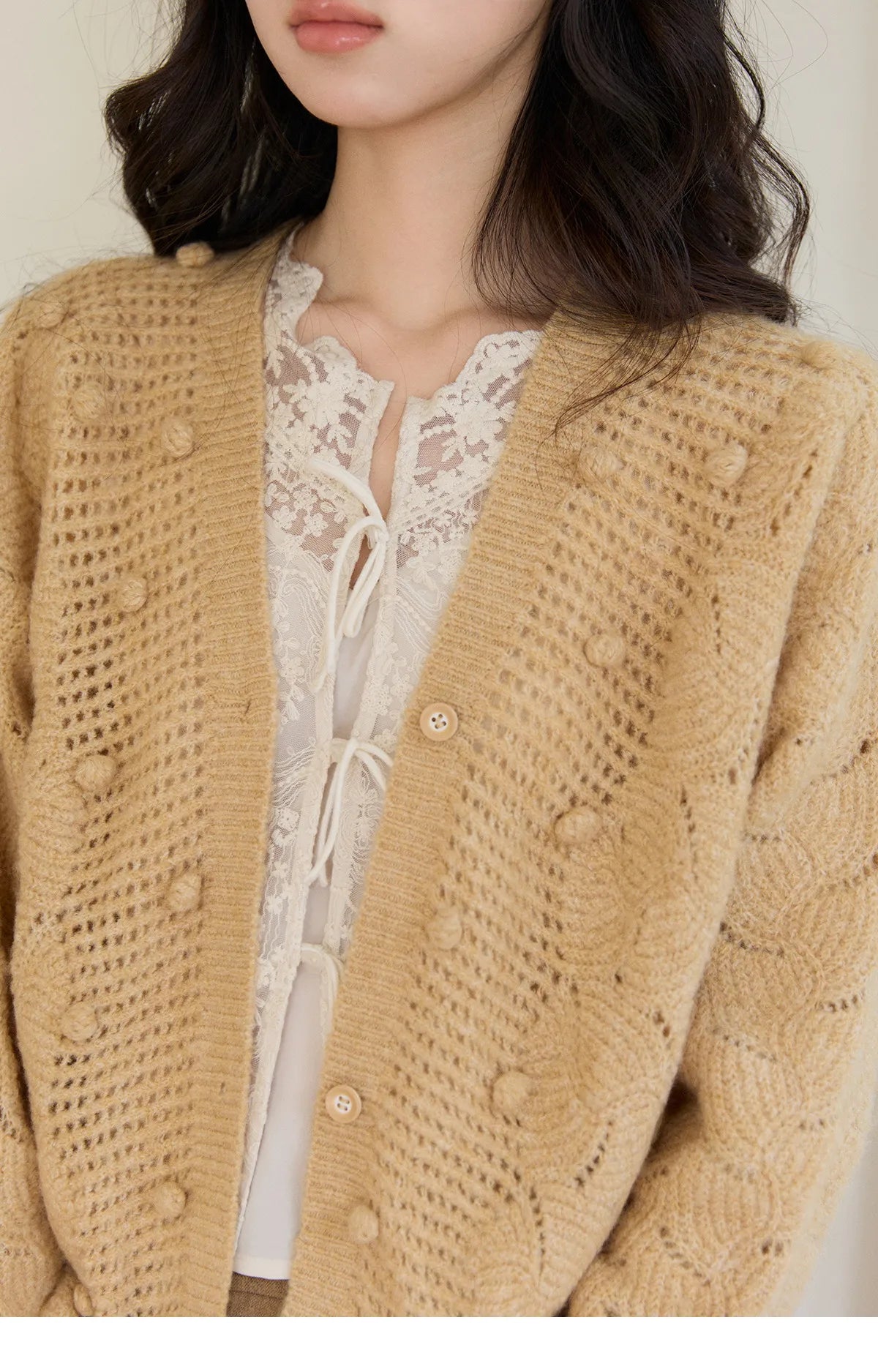 Mishow Hollow-out V-Neck Bobble Knit Cardigan MXF108Z1020