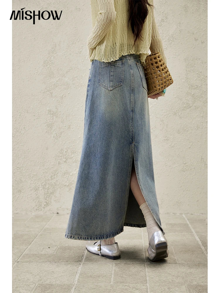 MISHOW Irregular Wash Denim Skirt Split Back Hem High Waist MXE14B0705