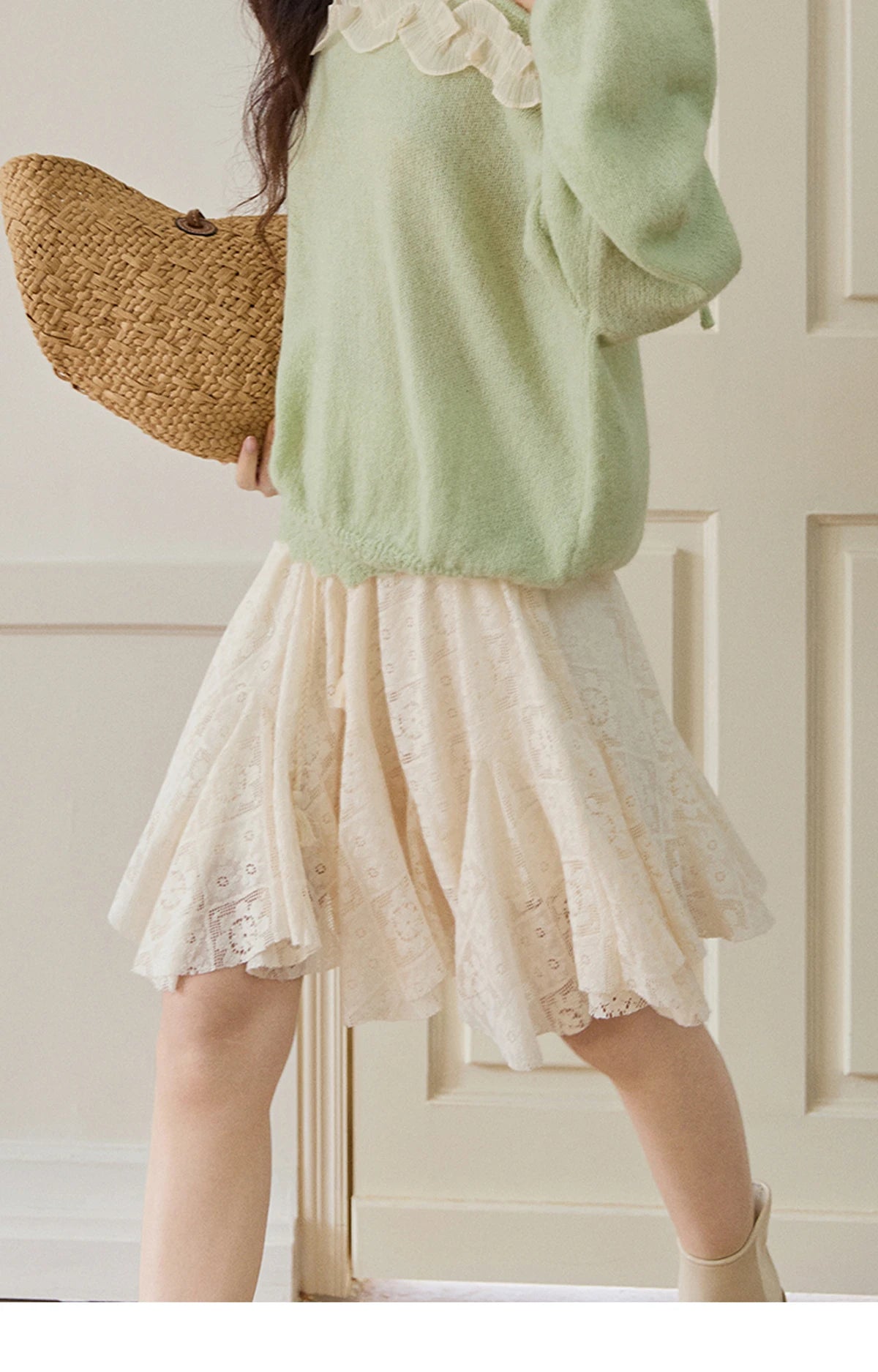 Mishow Beige Apricot Lace Tassel Midi Skirt MXF108B0768