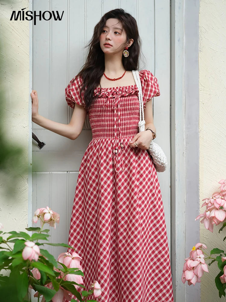 Mishow Retro Red Plaid Square Neck Lace Up Dress MXE39L2324