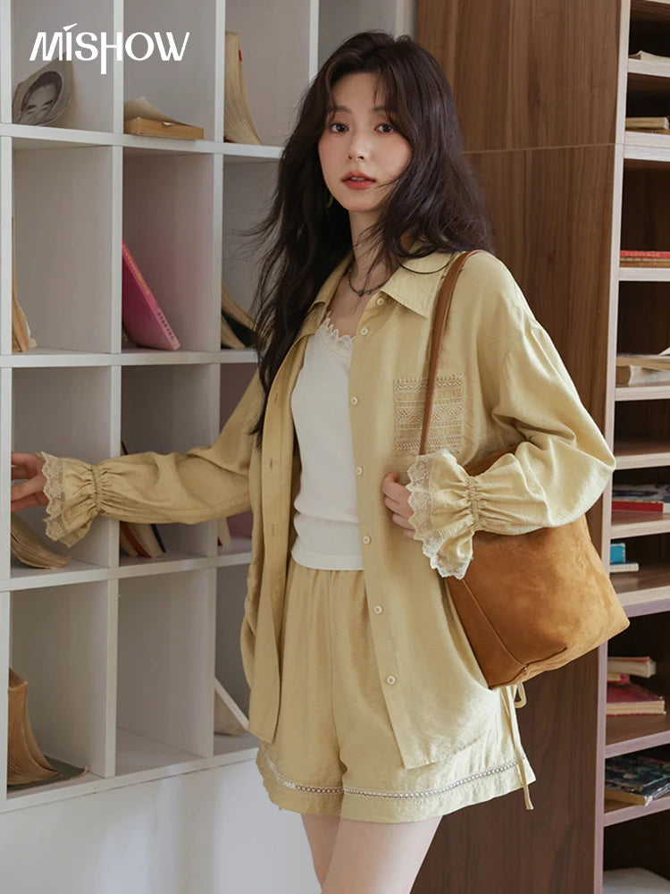 Mishow Yellow Linen Lace Shirt & Camisole & Shorts Three-Piece Set MXE42T0718