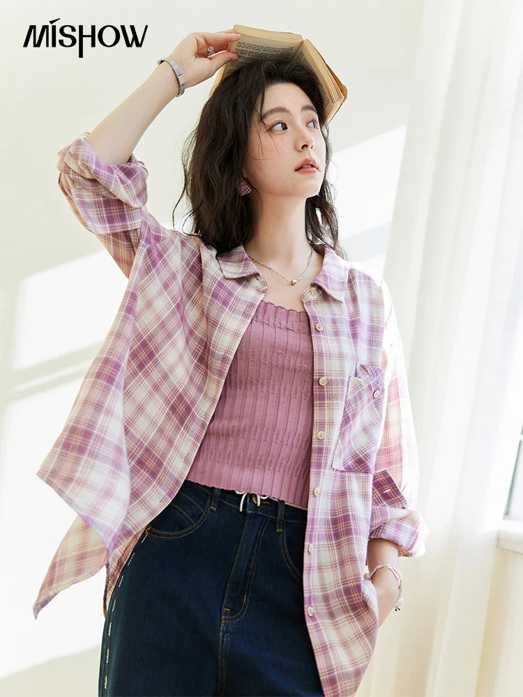 MISHOW Purple Plaid Cotton Shirt Polo Neck Pockets MXE14C0417