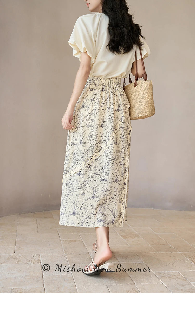 MISHOW Retro Floral Midi Skirt Side Split High Waist Elastic MXC37B0044