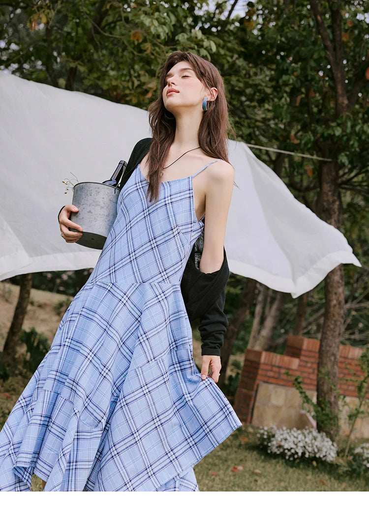 Mishow Blue Plaid Sleeveless A-Line Dress MXE33L2260