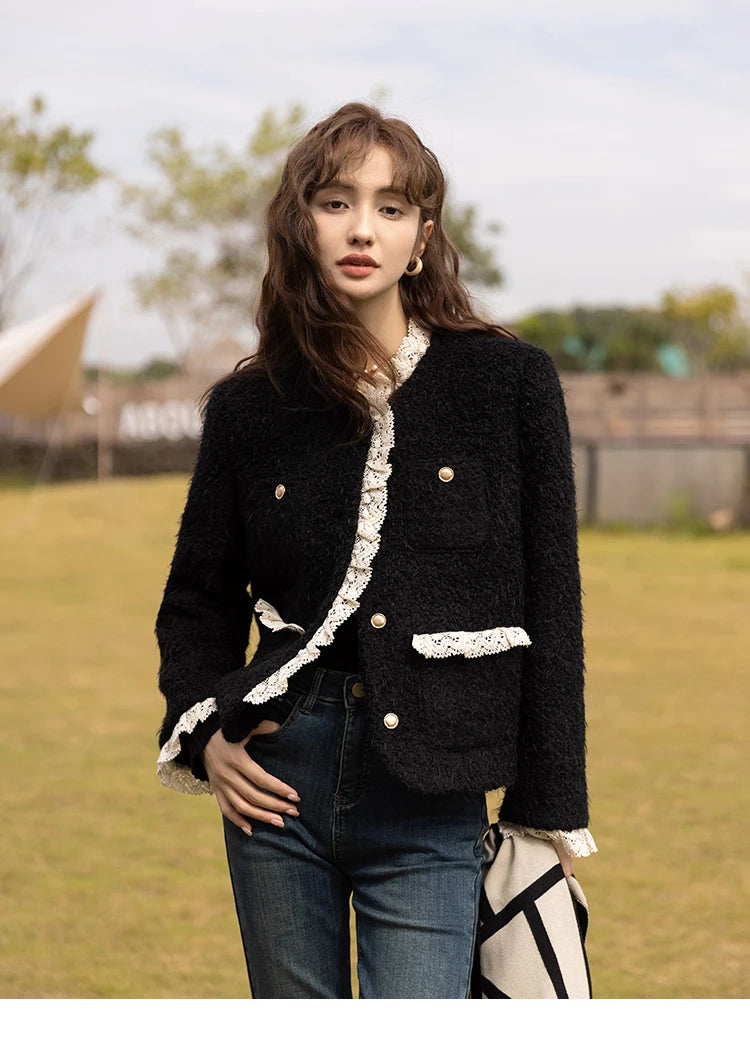 MISHOW Wool Coat Lace Splicing Lamb Wool Button Pockets MXB43W0720