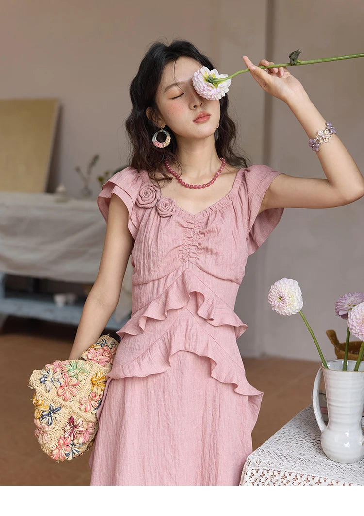 Mishow Flower Flying Sleeve V-Neck Pink Dress MXE34L2243
