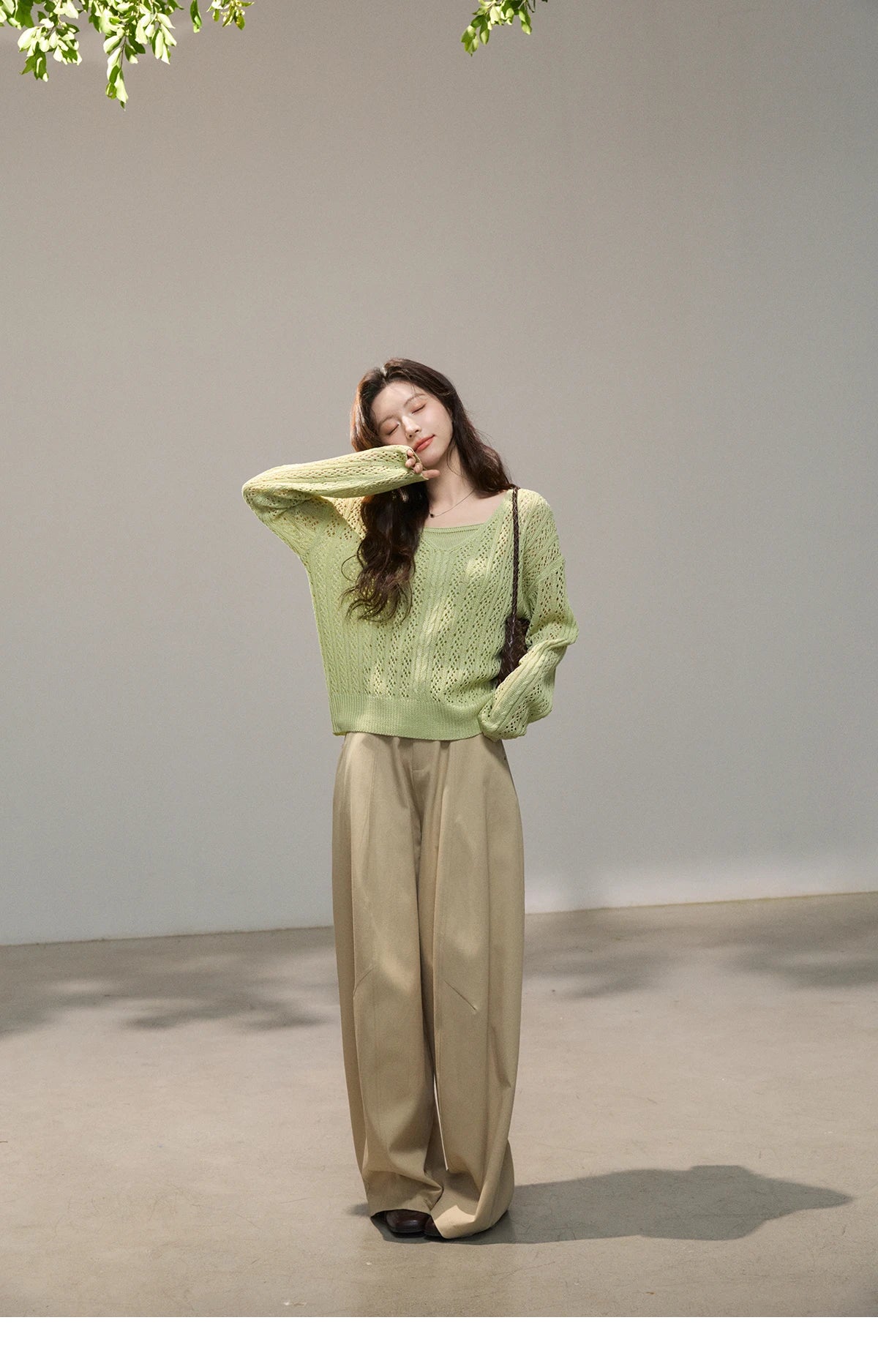 Mishow Green Hollow Cable Knit Top & Camisole Set MXF16T1524