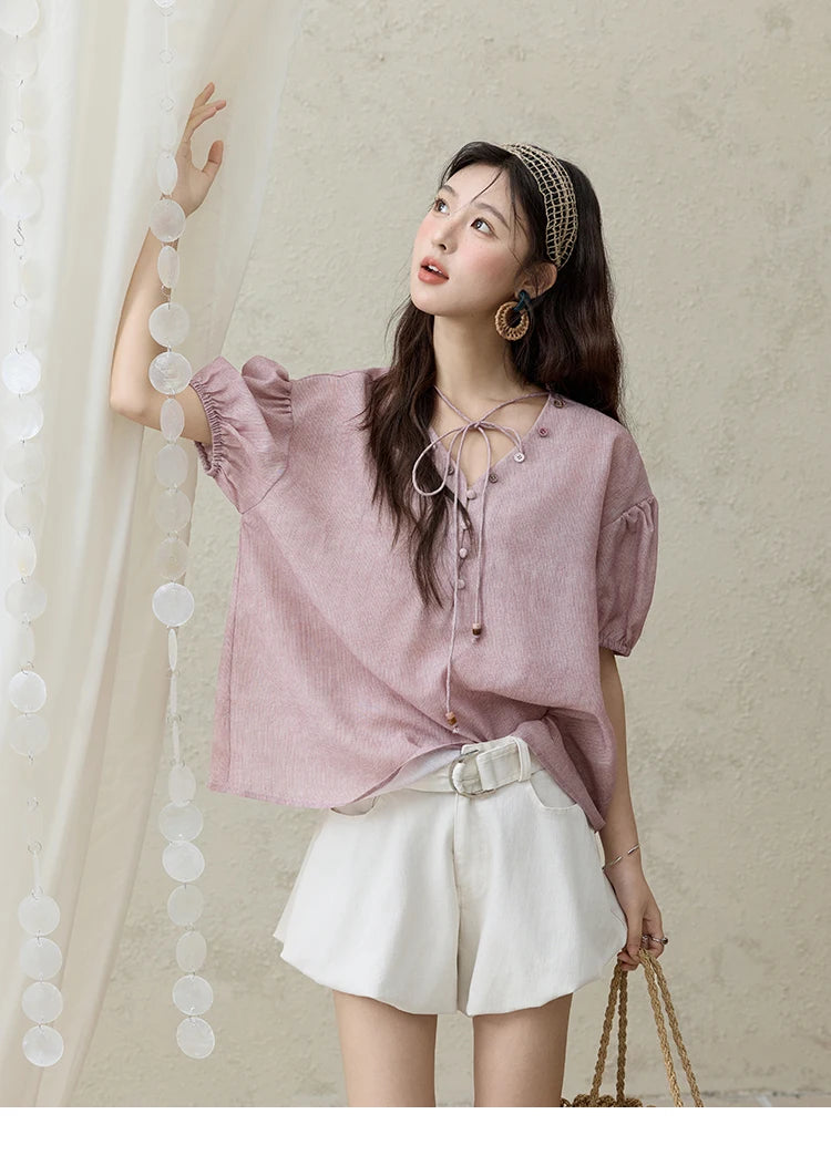 MISHOW Solid V-Neck Blouse Short Puff Sleeve Lace-Up MXE33X1743