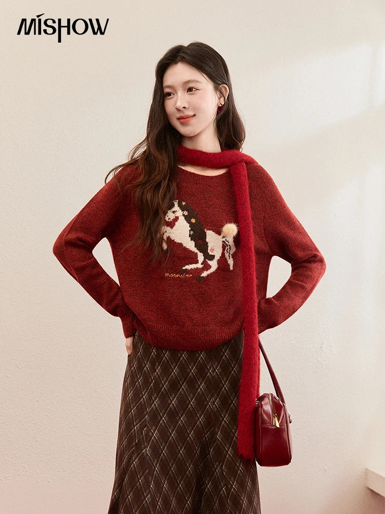 Mishow Christmas Red Jacquard Pony Sweater MXE94Z2861
