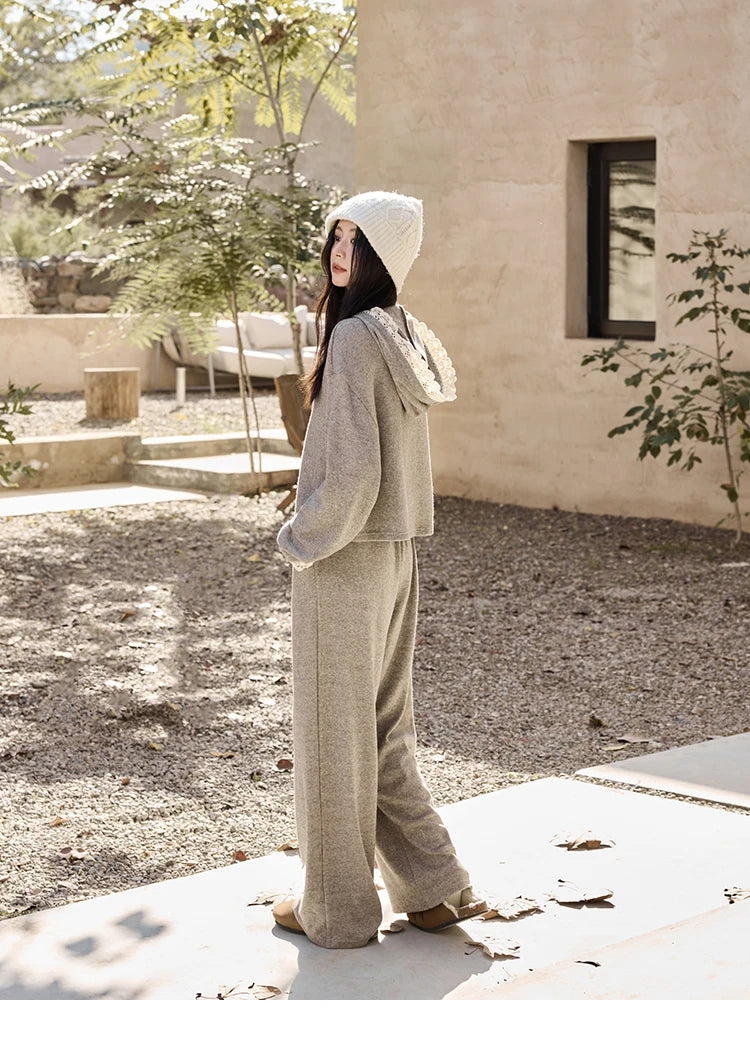 Mishow Lace Splicing Hooded Sweatshirt & Wide Leg Pants Set MXD34V0098