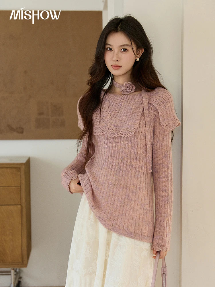 Mishow Pink Large Collar Lace Belted Pullover MXF11Z2901