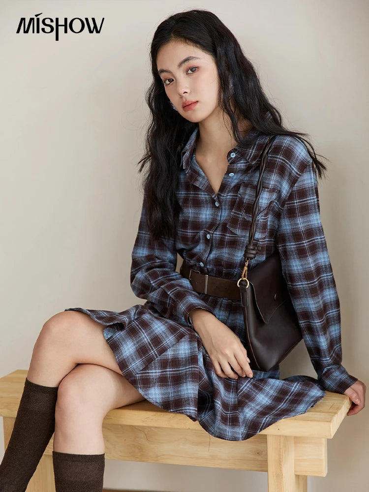 Mishow Blue Plaid Turn-Down Collar Belt Dress MXE48L2525