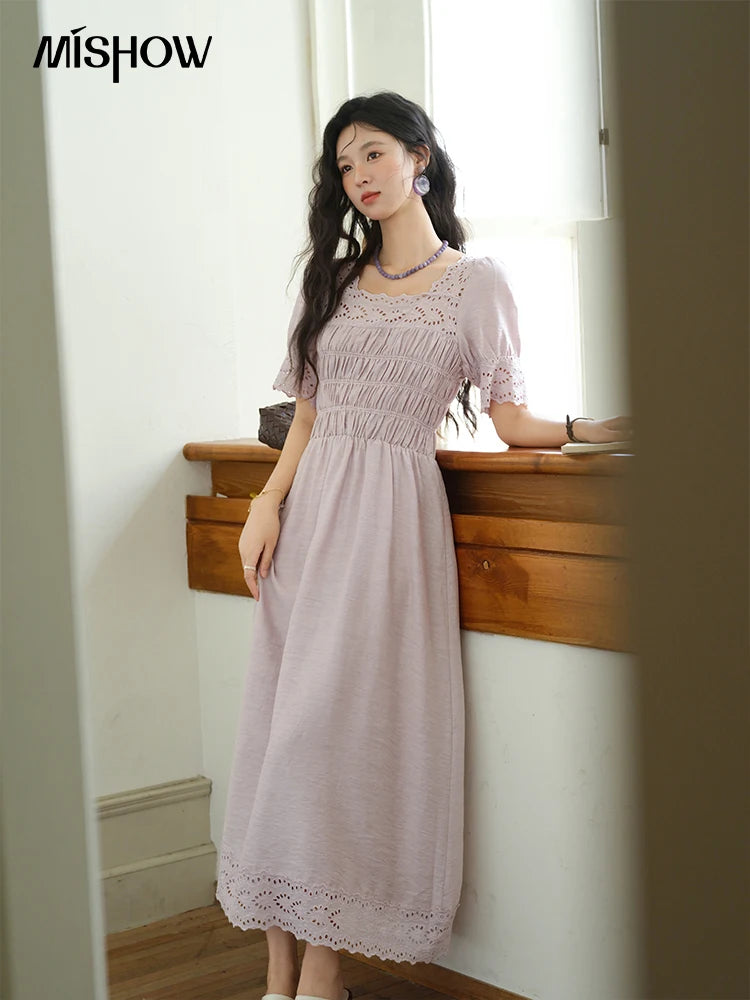 Mishow Purple Square Neck Puff Sleeve Lace Dress MXE39L2406