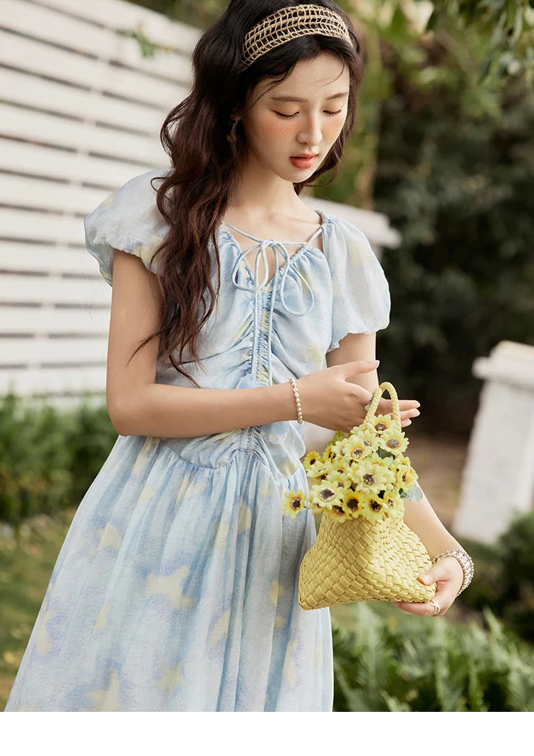 MISHOW V-Neck Lace-Up Puff Sleeve Midi Dress MXE34L2227