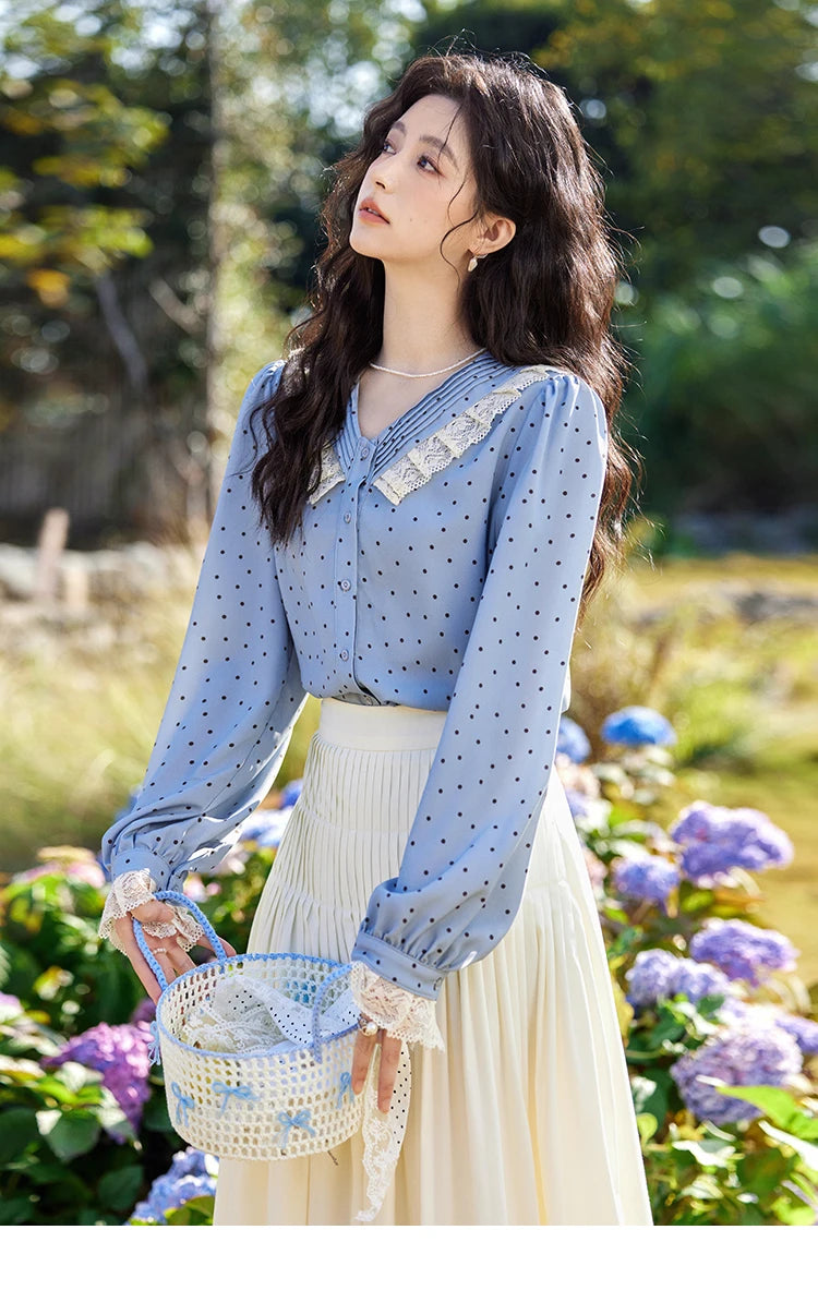 MISHOW Lace Patchwork Polka Dot Shirt V-Neck Hollow Out MXE12X1707