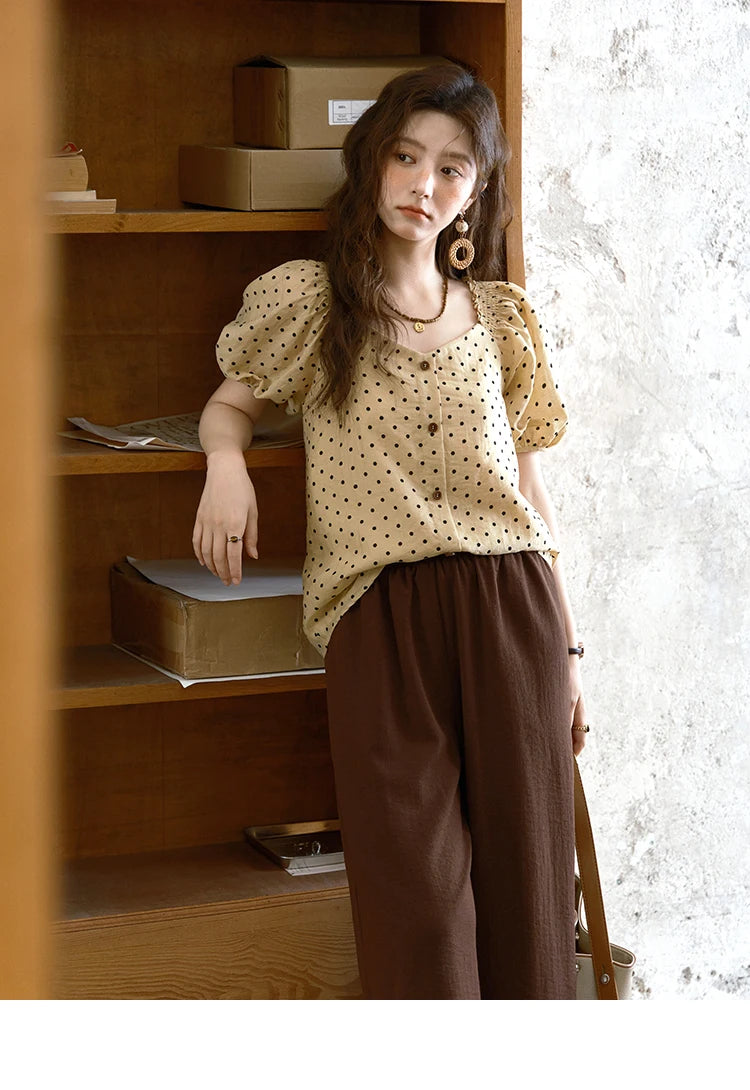 MISHOW Polka Dot Puff Sleeve Blouse V-Neck Button MXE37X1859