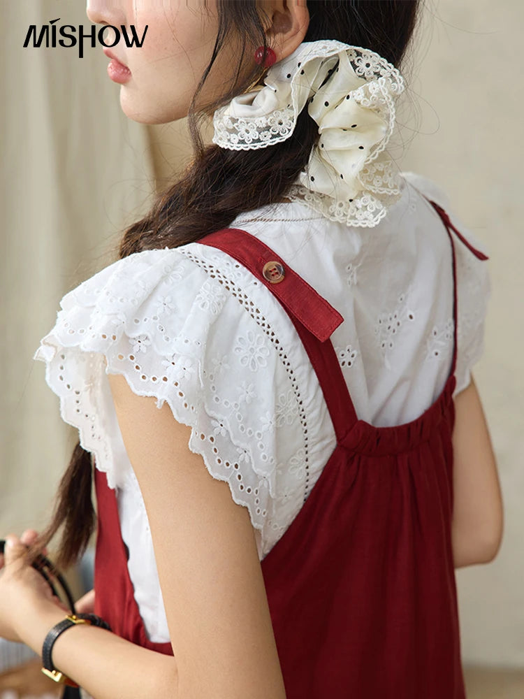 Mishow Red Linen Hanging Neck Strap Midi Dress MXE36L2309