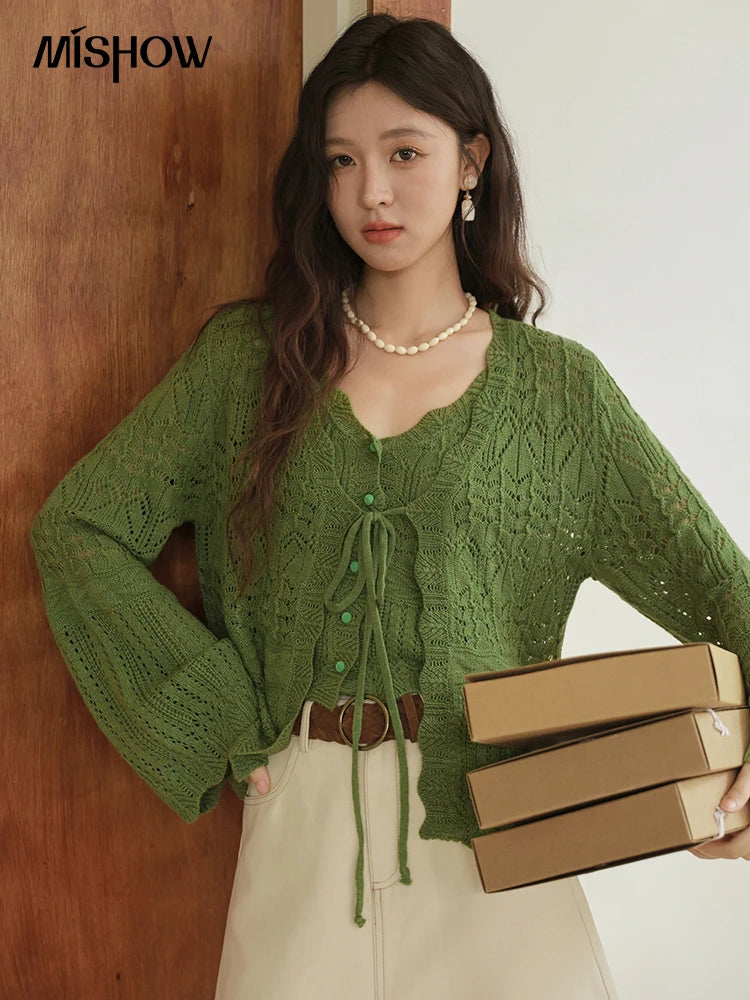 Mishow Flared Sleeve Lace-Up Cardigan & Camisole Set MXE42T0717