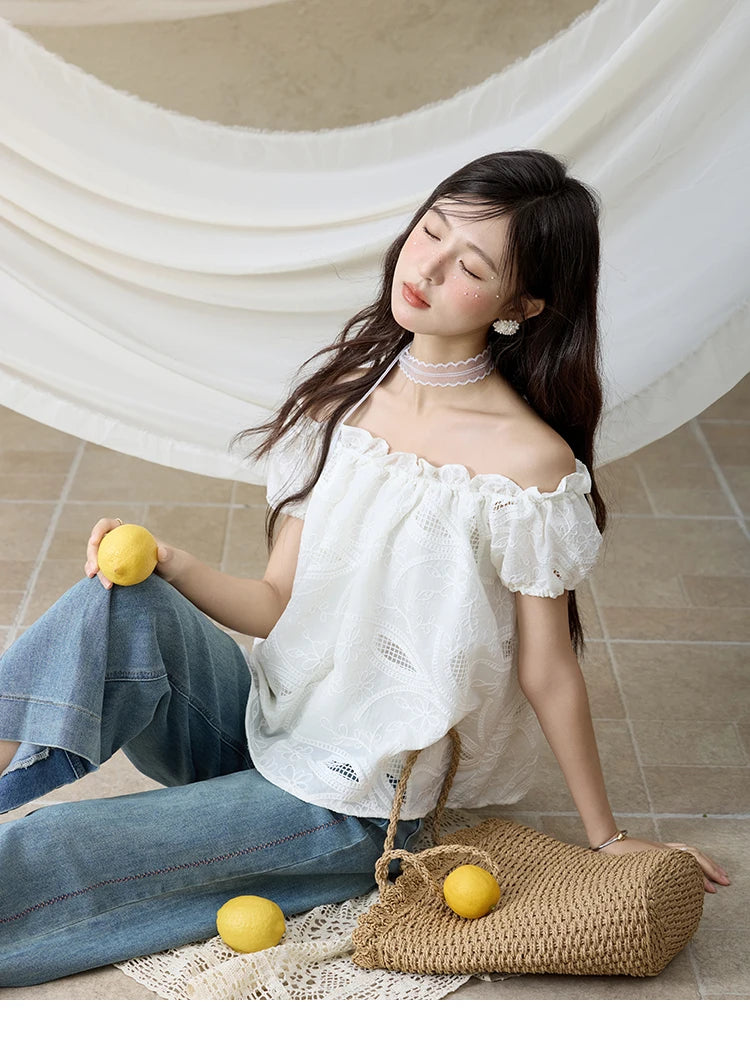 MISHOW Slash Neck Lace Blouse Short Sleeve Solid MXE35X1775