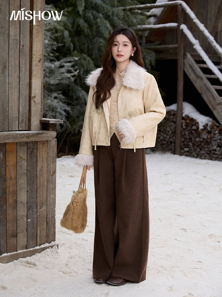Mishow Apricot Suede Plush Collar Jacket MXE91W0987