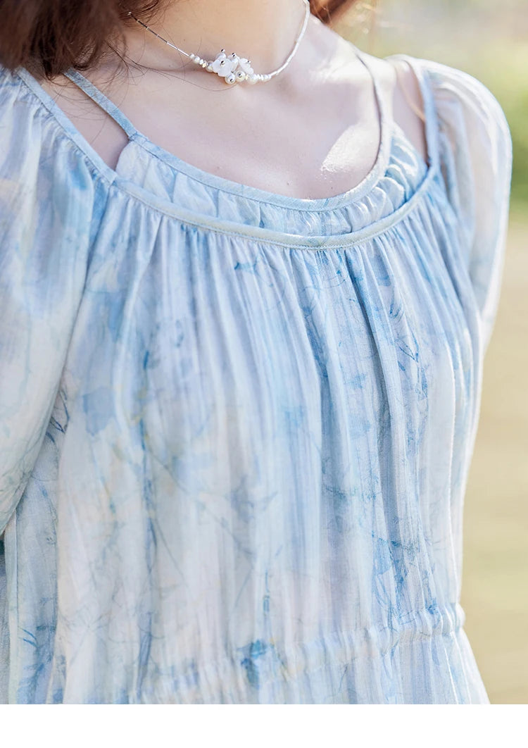 Mishow Blue Floral Chiffon Drawstring Lantern Sleeve Dress MXE16L2114