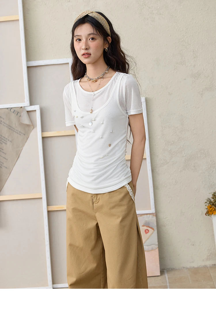 Mishow White Fake Two-Piece Bead Tee MXE35T0566