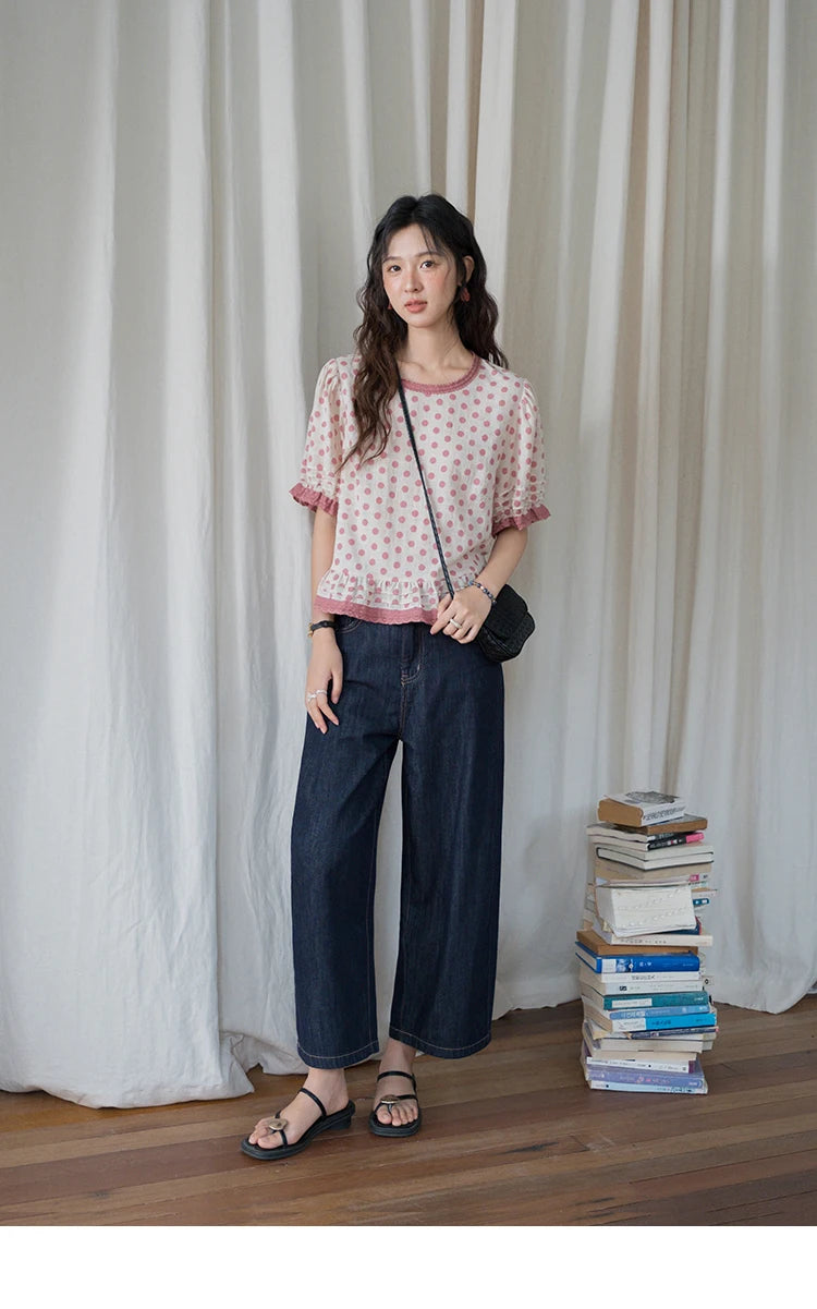 MISHOW Pink Polka Dot Puff Sleeve Blouse MXE37X1900