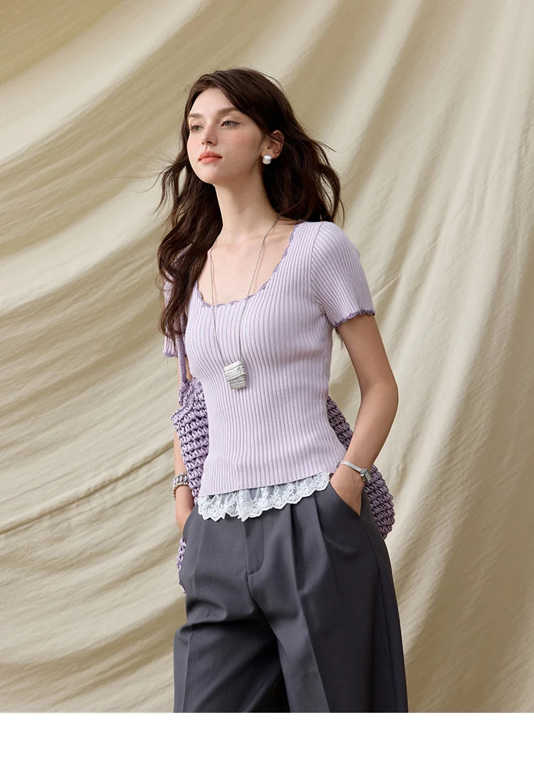 Mishow Office Lady Lace Collar Contrast Hook Top MXE33Z1218