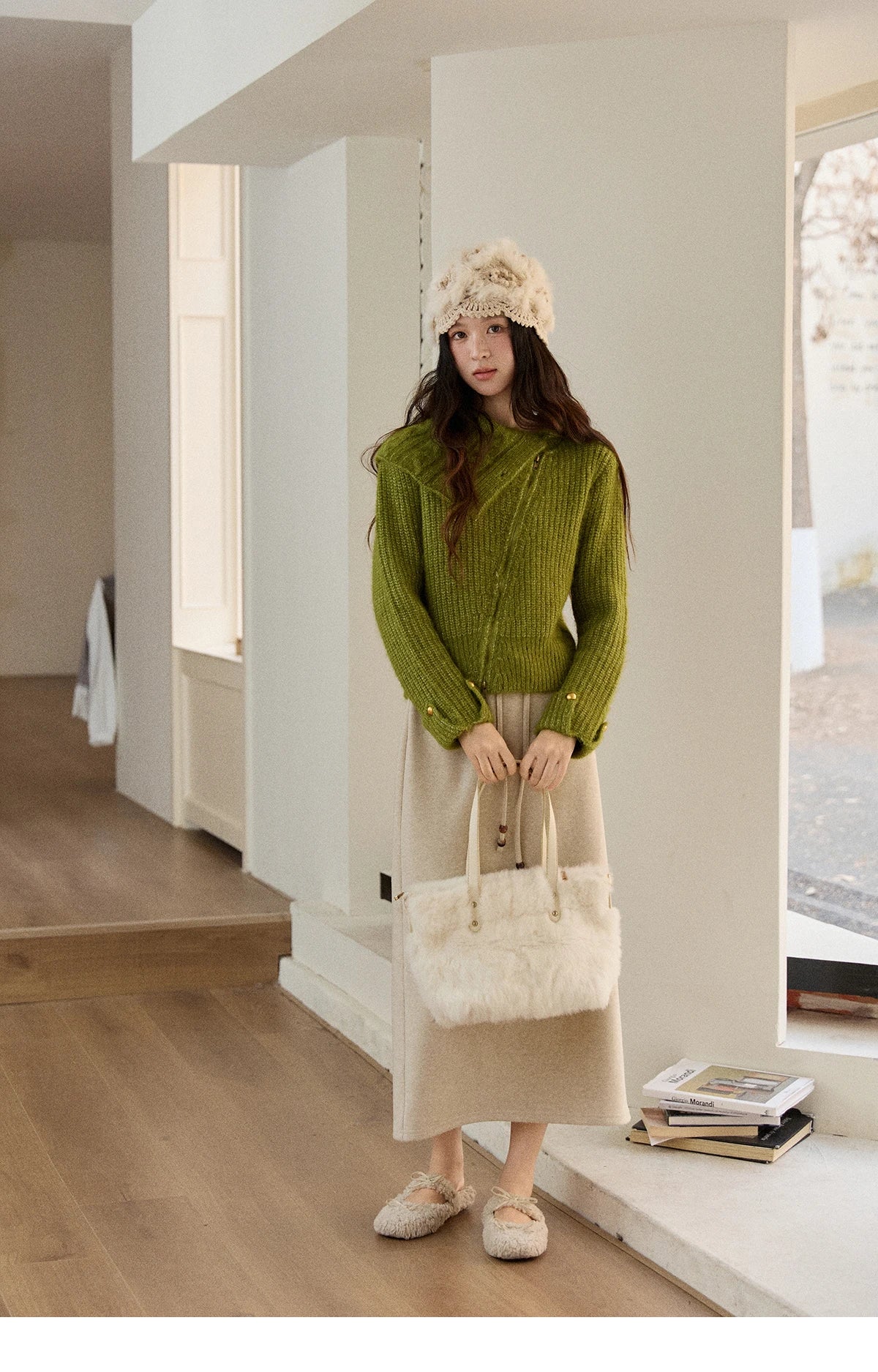 Mishow Green Wool Blend Long-Pile Large Lapel Pullover MXE90Z2760