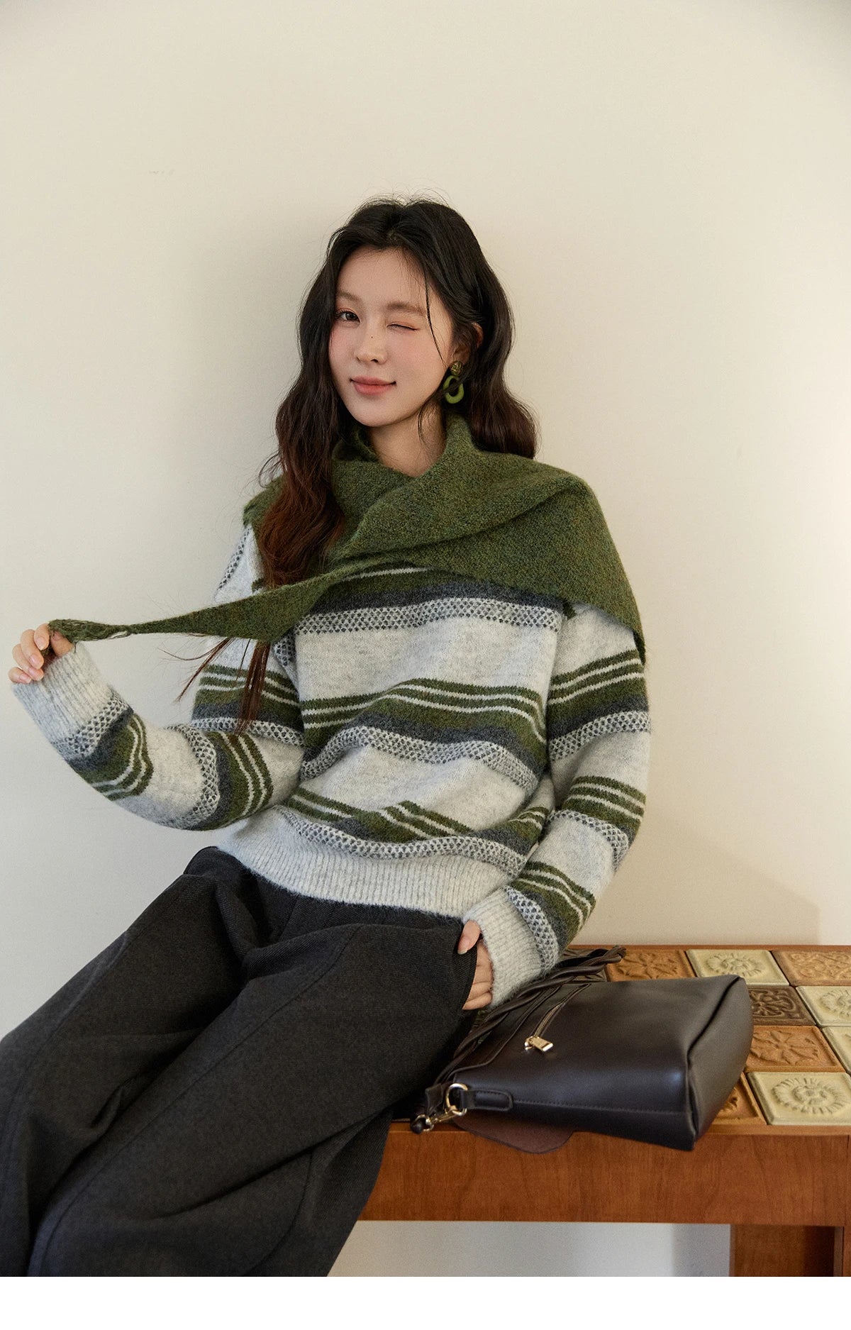Mishow Wool Blend Retro Striped Sweater with Scarf MXE94Z2987