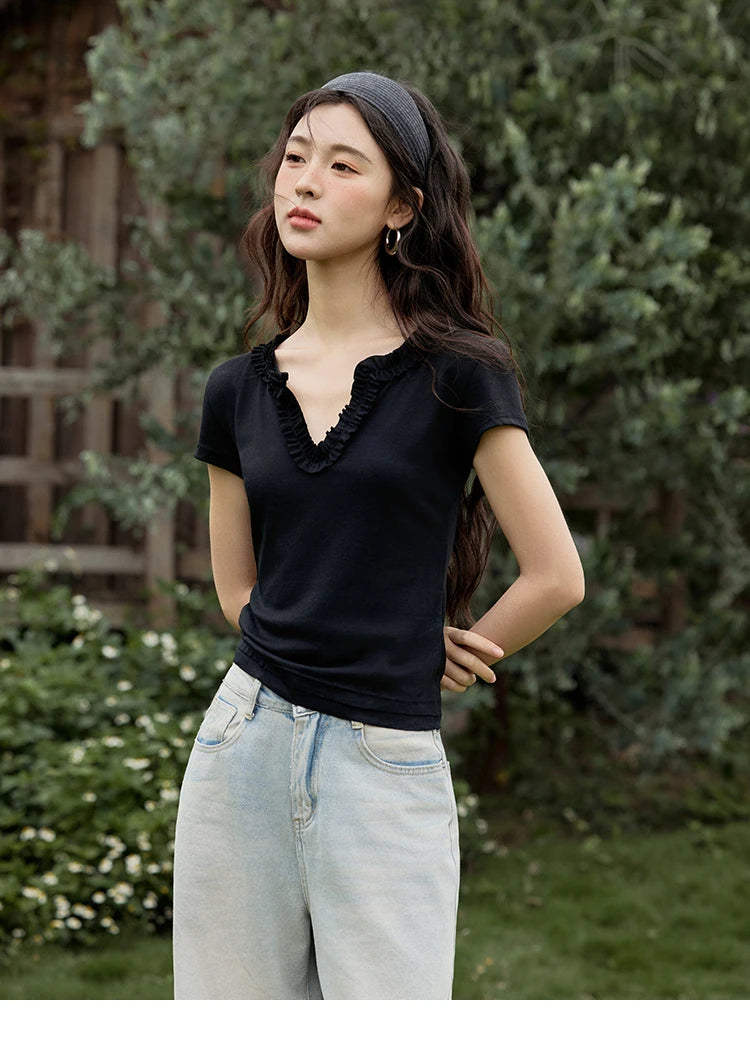 Mishow V-Neck Solid Straight Shoulder Tee MXE35T0562