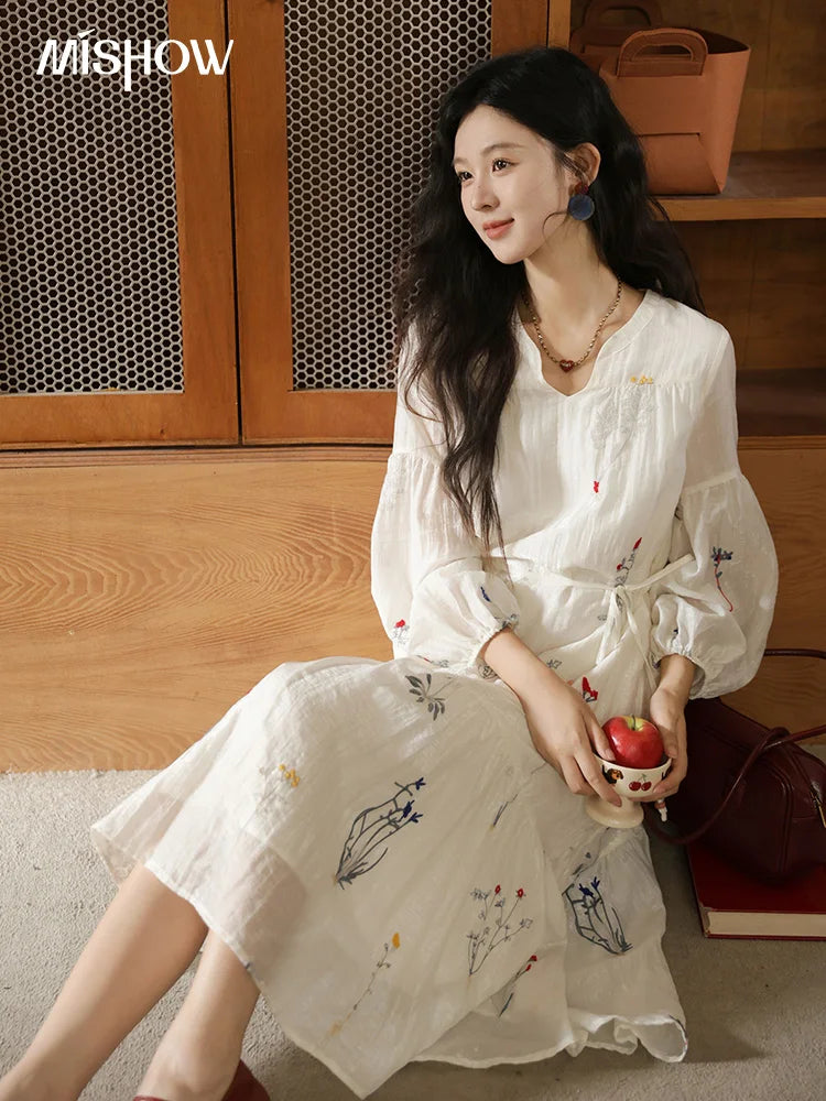 Mishow Beige Curved Collar Lantern Sleeve Tied Dress MXE41L2487
