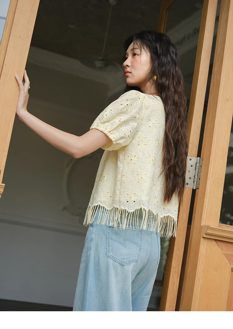MISHOW Hollow Out Blouse Embroidery Puff Sleeve Square Collar Tassel MXE37X1851